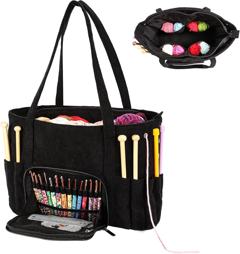 LOOEN Crochet Bag Organizer, Large Capacity Yarn Storage Bag, Portable Corduroy Knitting Bag And Totes for Travel, Used to Organize Yarn, Crochet Hooks, Ideal Gift for Crochet Lovers(Black) - Image 1
